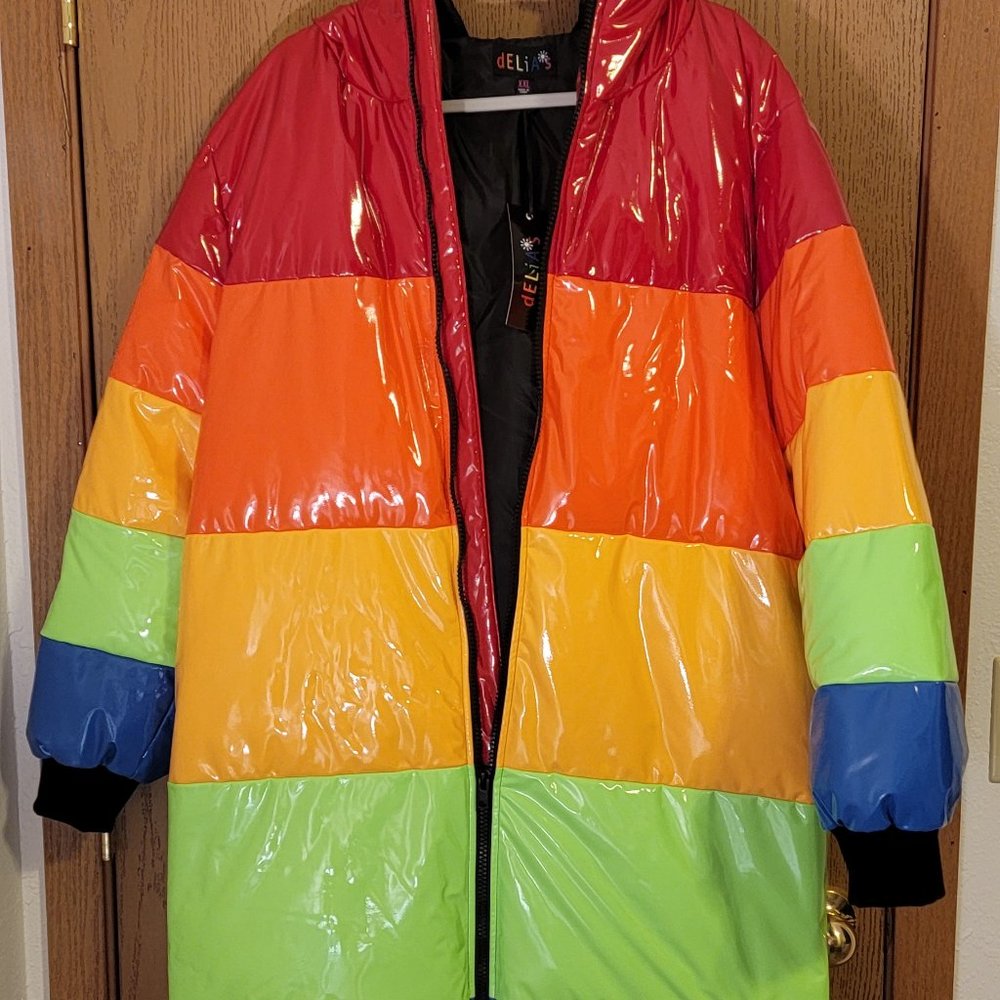 Dolls Kill Delia's Rainbow Color Block Longline Rainbow Puffer